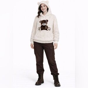 ANGEL CULT Y2K Cream Fuzzy Sherpa Style Pullover Warm Comfy Teddy Bear Hoodie